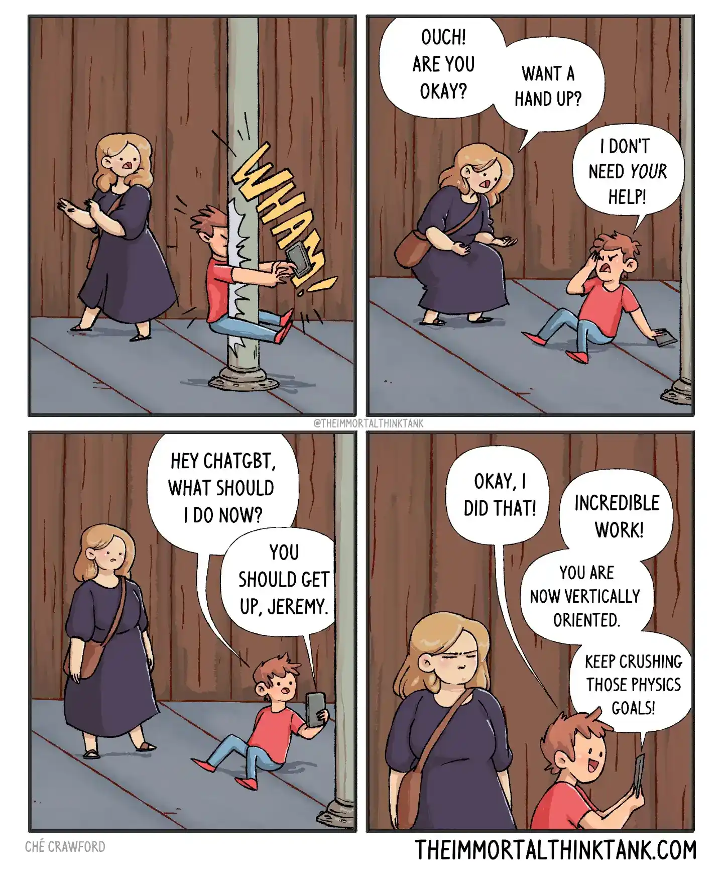 A comic shows a person colliding with a pole, asking ChatGPT what to do, and receiving upbeat advice about standing up and crushing physics goals.