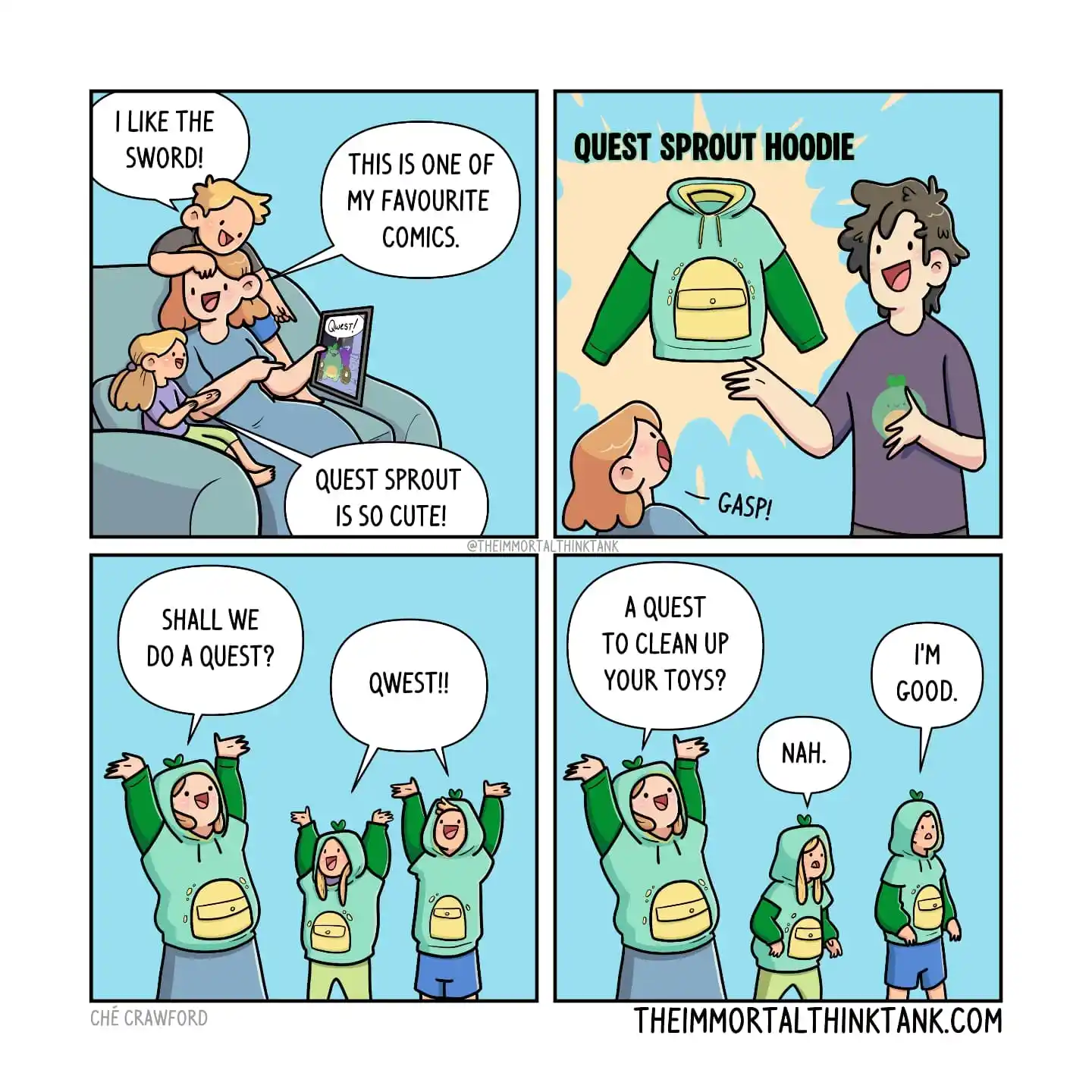 A family admires a Quest Sprout hoodie, then the children dress like the character and enthusiastically accept a quest to clean up their toys.