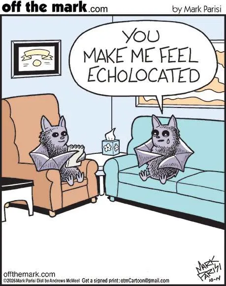 Two cartoon bats sit on couches; one tells the other, “You make me feel echolocated.”