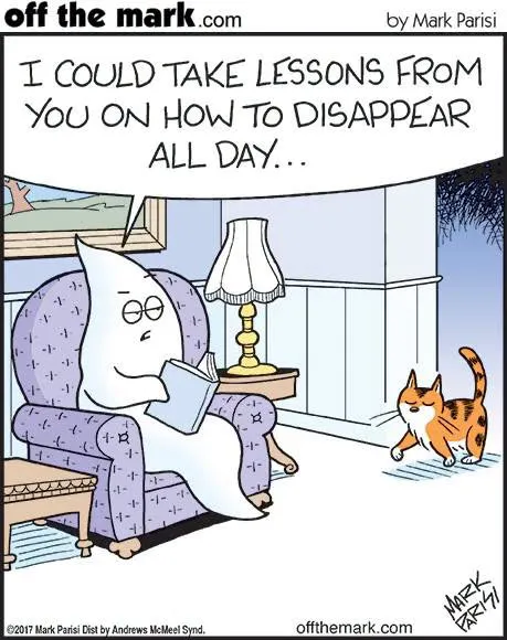 A white ghost sits in a purple armchair reading while an orange cat walks past; the ghost says it could take lessons from the cat on disappearing all day.