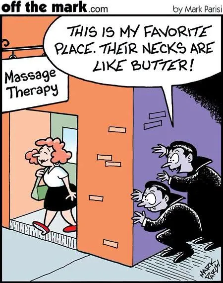 Two vampires outside a massage therapy shop joke about how buttery their necks feel.