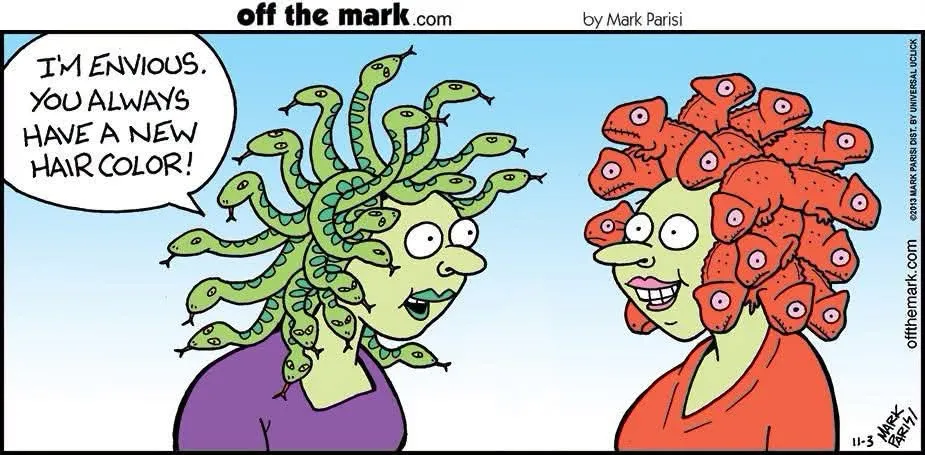 Mythical characters with snake-like and red creature hair compare their unusual hairstyles.