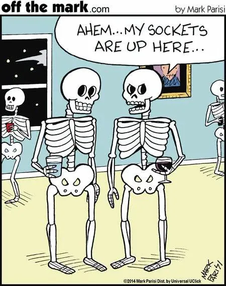 Skeletons at a party react as one skeleton points out that its socks are up by its feet.