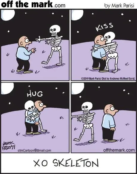 A four-panel skeleton comic uses affectionate words such as kiss, hug and XO to make a playful skeleton-themed gag.