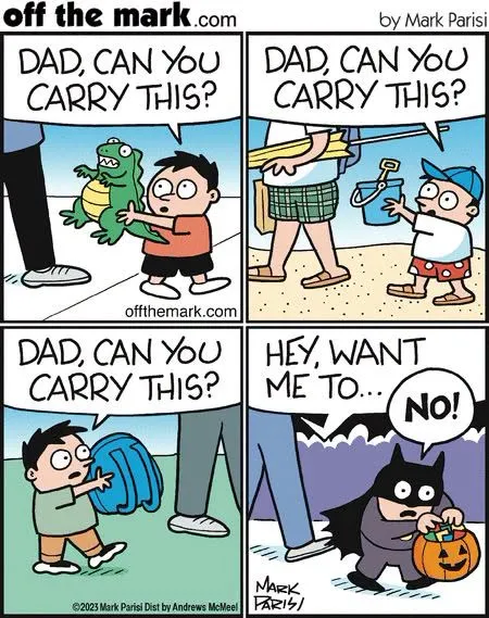 A four-panel Halloween comic about children asking Dad to carry things, ending with a Batman-costumed character refusing a trick-or-treater.