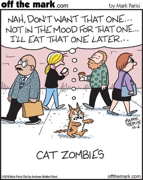A cartoon cat zombie imagines people as food in a darkly humorous cat-themed comic.