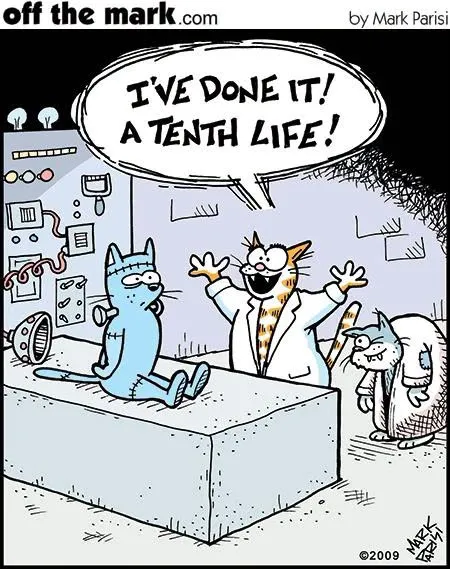 A cartoon cat in a Frankenstein-style laboratory celebrates creating a tenth life.