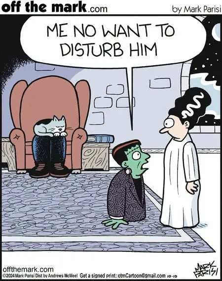 A vampire quietly says he does not want to disturb a cat sleeping in an armchair.