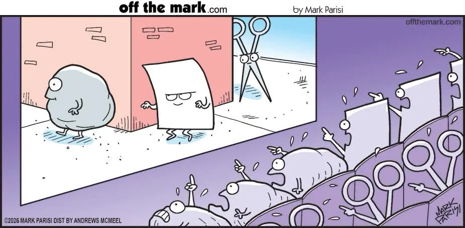 Anthropomorphic rock, paper and scissors characters stand among a crowd in a visual wordplay comic.