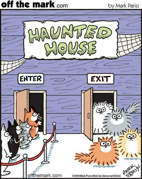 Two cats approach a haunted house with separate entrance and exit doors.