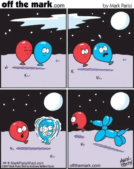 Two balloons float beneath the moon; one is shaped into a balloon animal while the other pops.