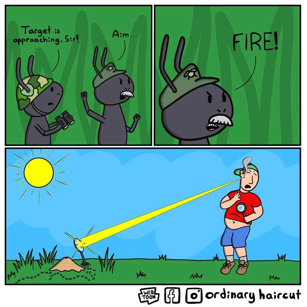 Two cartoon insects in a green jungle prepare to fire at a target, but their shot is redirected by sunlight and a magnifying glass.
