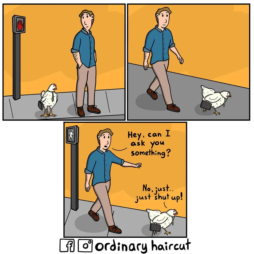 A chicken carrying a briefcase crosses a pedestrian signal and refuses a man who tries to stop it.
