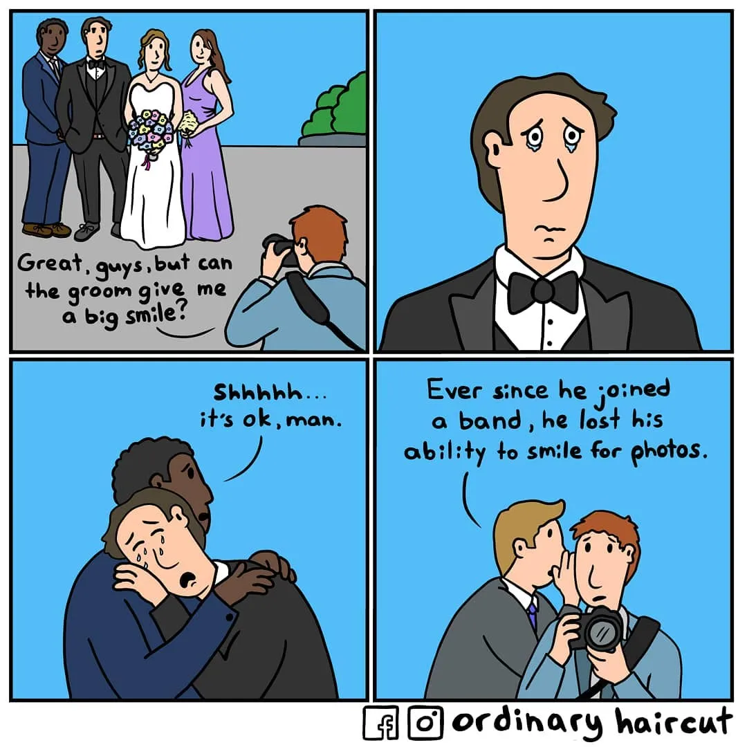 A groom cries during wedding photos while a friend explains that joining a band made him unable to smile for pictures.