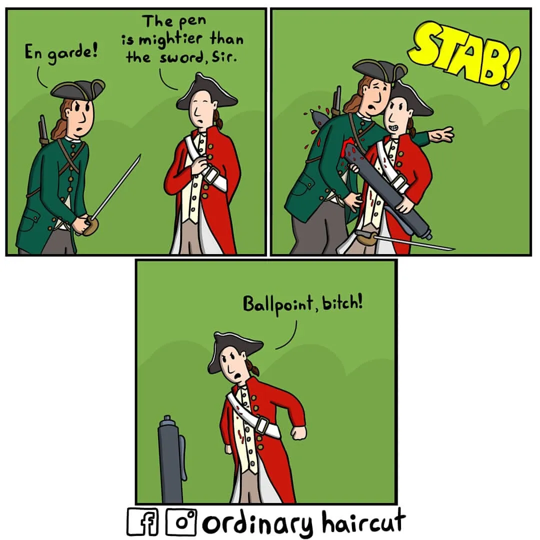 A historical soldier is stabbed with a ballpoint pen after quoting that the pen is mightier than the sword.