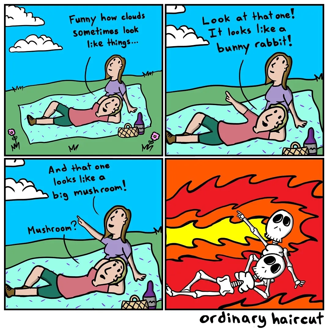 A couple lying on a picnic blanket mistake clouds for shapes before the final panel reveals two skeletons in flames.