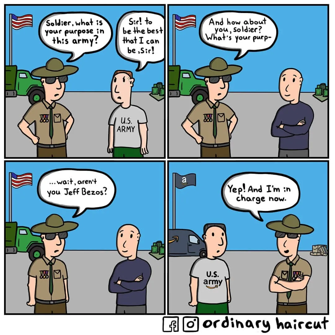 An army officer questions a recruit who turns out to be Jeff Bezos, now in charge of the unit.
