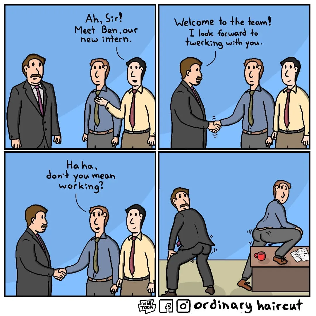A manager introduces a new intern who misunderstands a welcome to the team as an invitation to twerk.