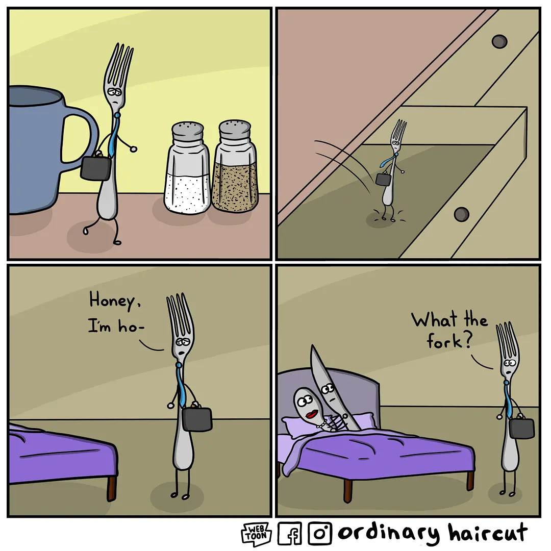 A walking fork with a briefcase approaches a bedroom and discovers a knife and spoon sharing a bed.