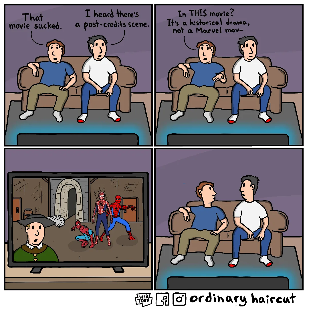 Two friends discuss a historical movie's post-credits scene before noticing familiar superhero figures on the television.