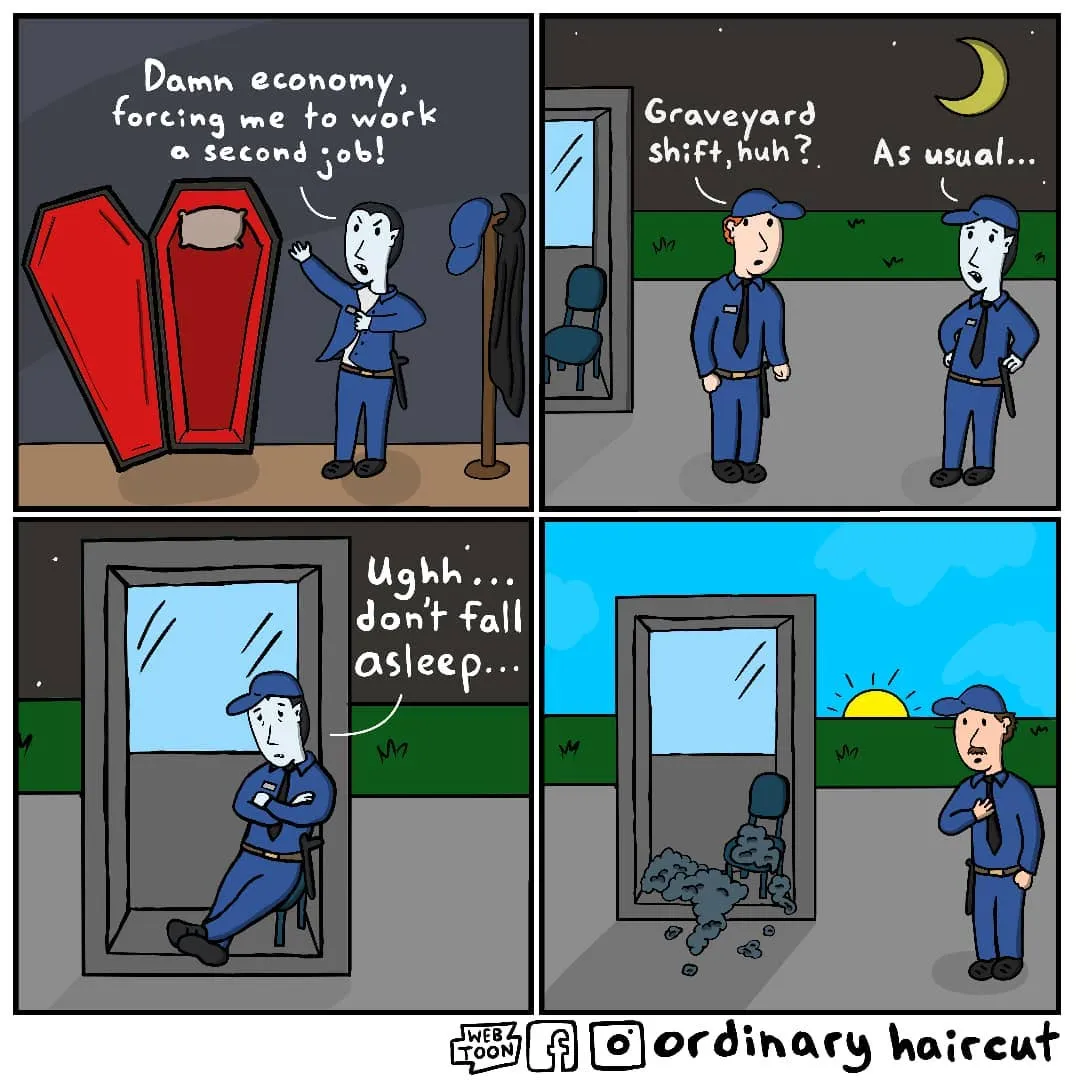 A vampire complains about needing a second job, then his graveyard-shift colleague disappears as dawn approaches.