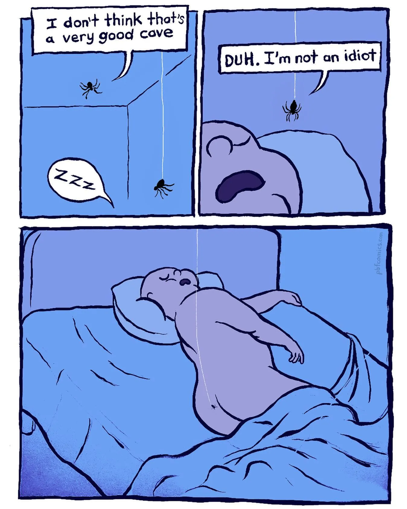 Two spiders debate whether a corner makes a good cave while a sleeping person talks in their sleep.