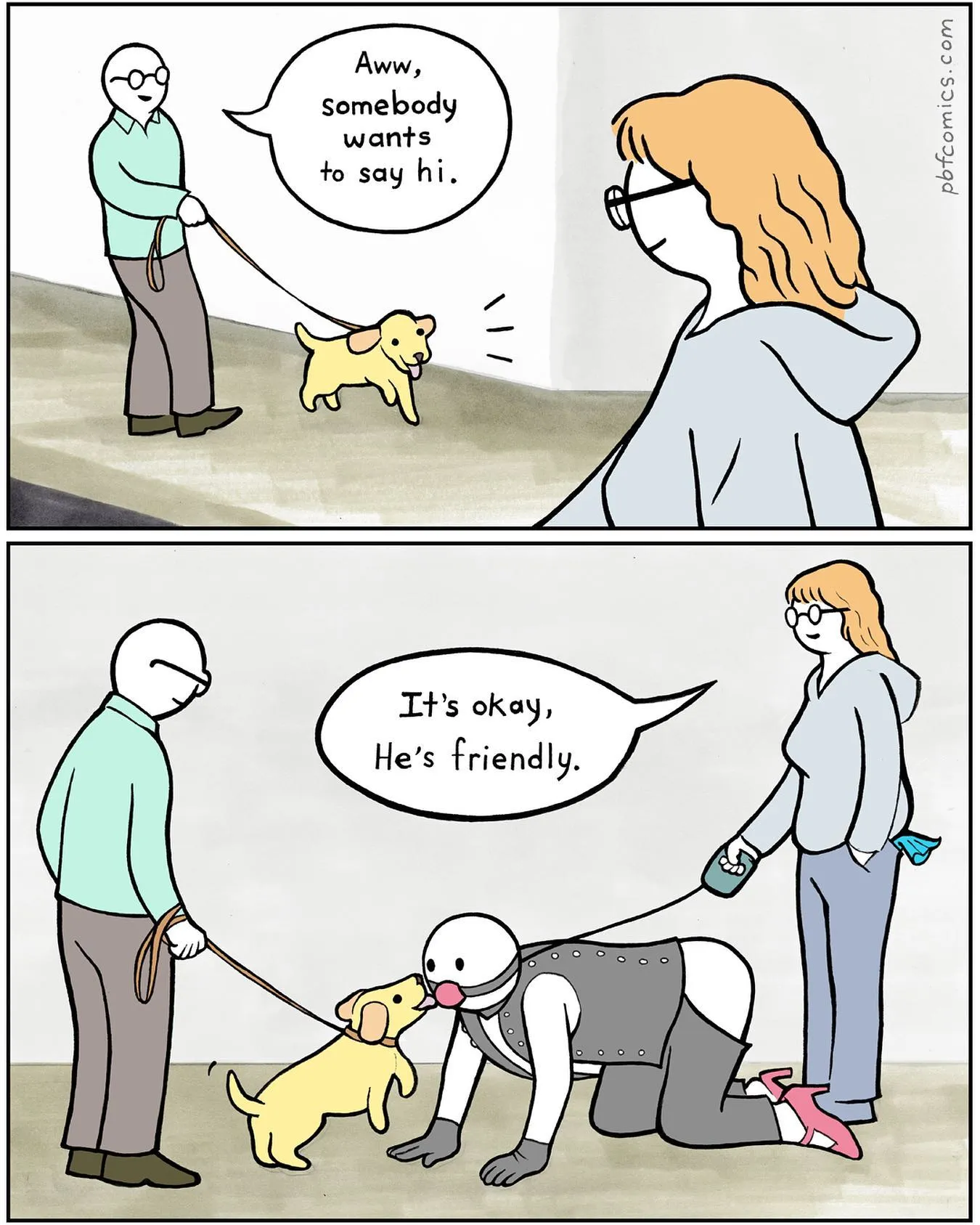 A small yellow dog greets a passerby on a leash; the next panel reveals the person crouching to greet a costumed figure on all fours.