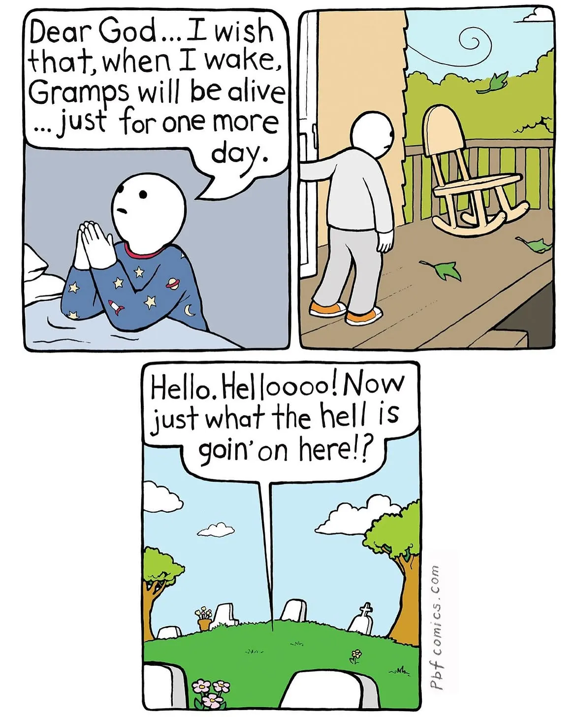 A child prays for Gramps to live one more day, then finds a graveyard scene and calls out in confusion.