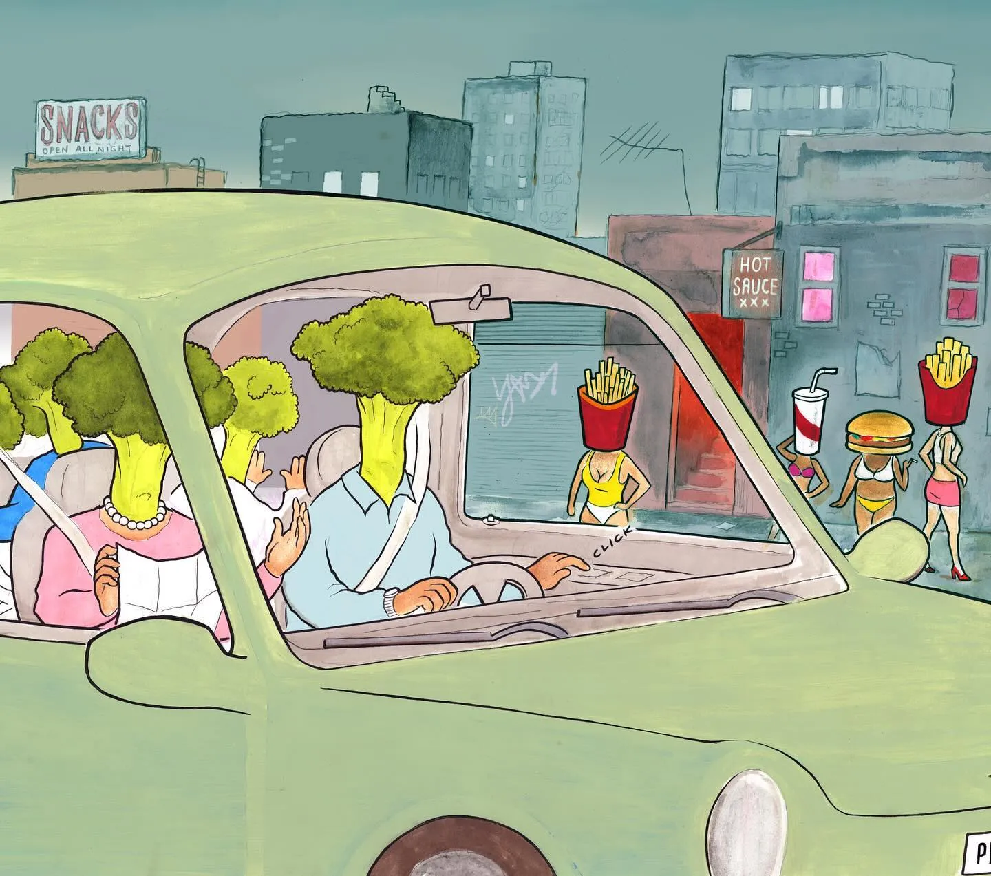 A pale green car passes a surreal city street where pedestrians and roadside figures resemble fast-food items.
