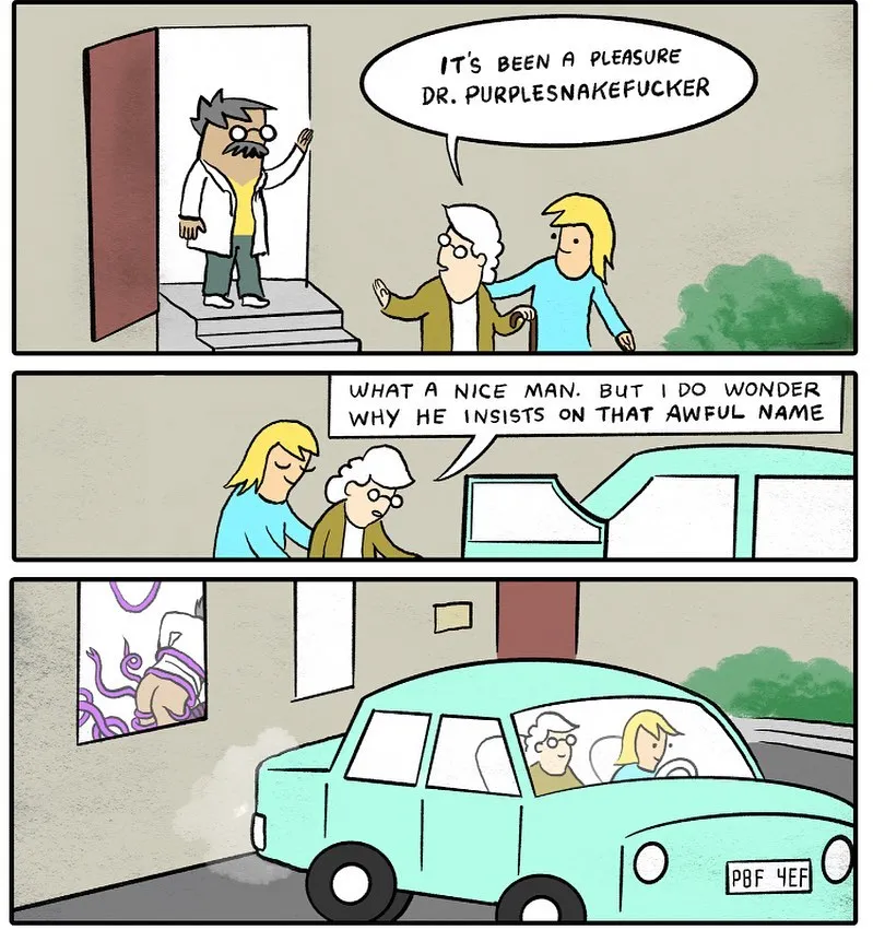 A doctor waves goodbye to a patient while a speech bubble highlights an unusual surname; the final panel shows their car outside the clinic.