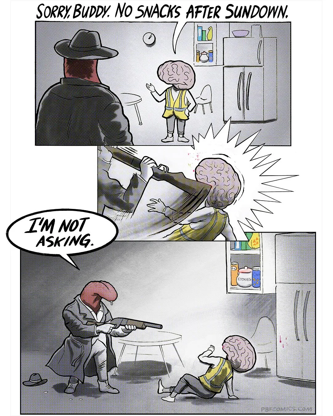 A brain-headed character in a safety vest faces an armed, trench-coated figure in a kitchen after being told there are no snacks after sundown.