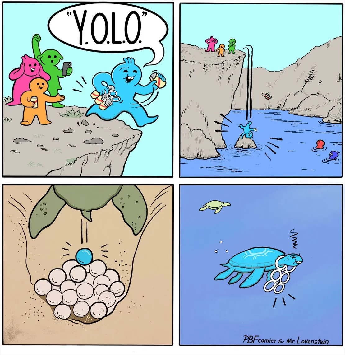 Brightly colored creatures celebrate YOLO at a cliff, followed by underwater scenes involving a sea turtle and a fidget spinner.