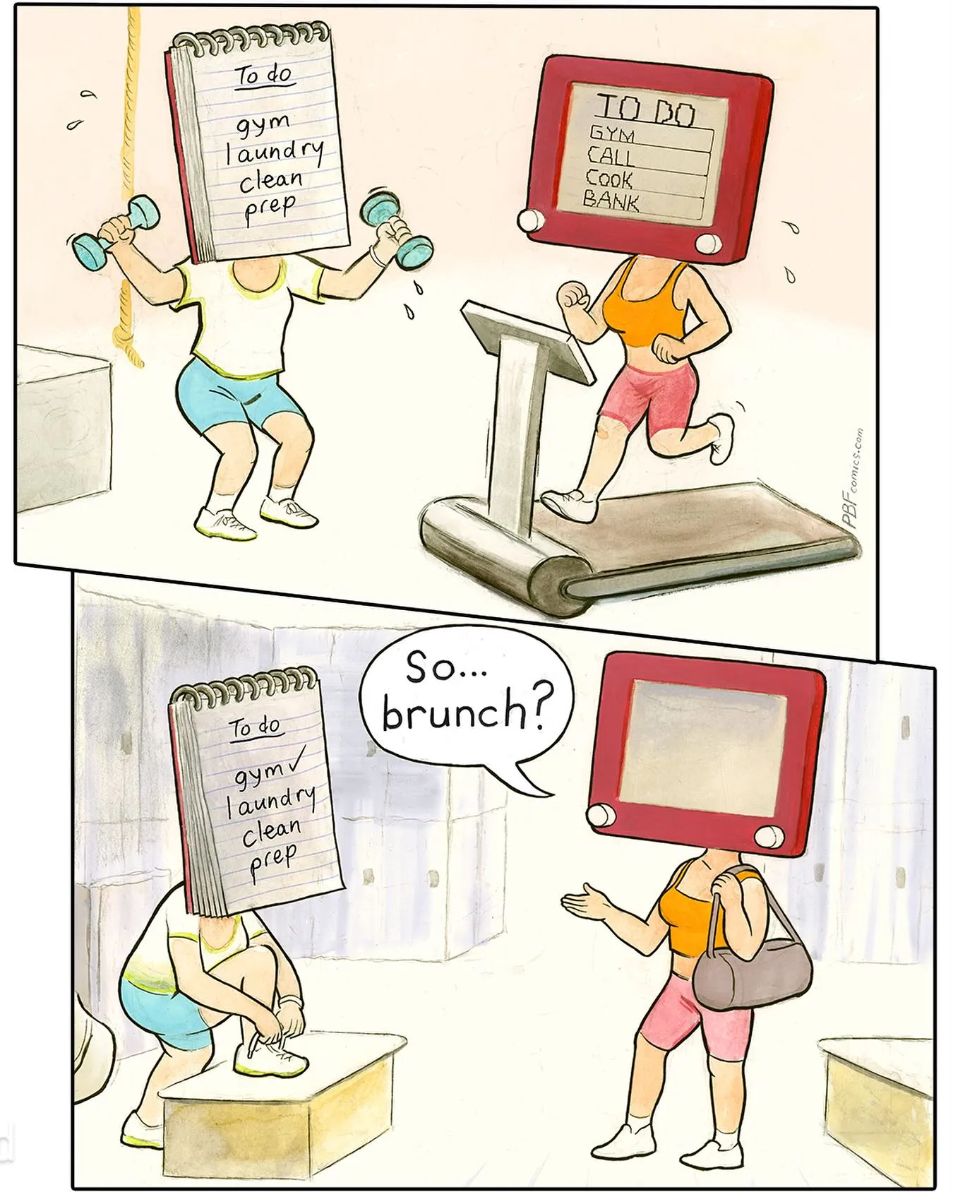 Two gym-goers have oversized to-do list and digital checklist heads while exercising, then one asks about brunch.