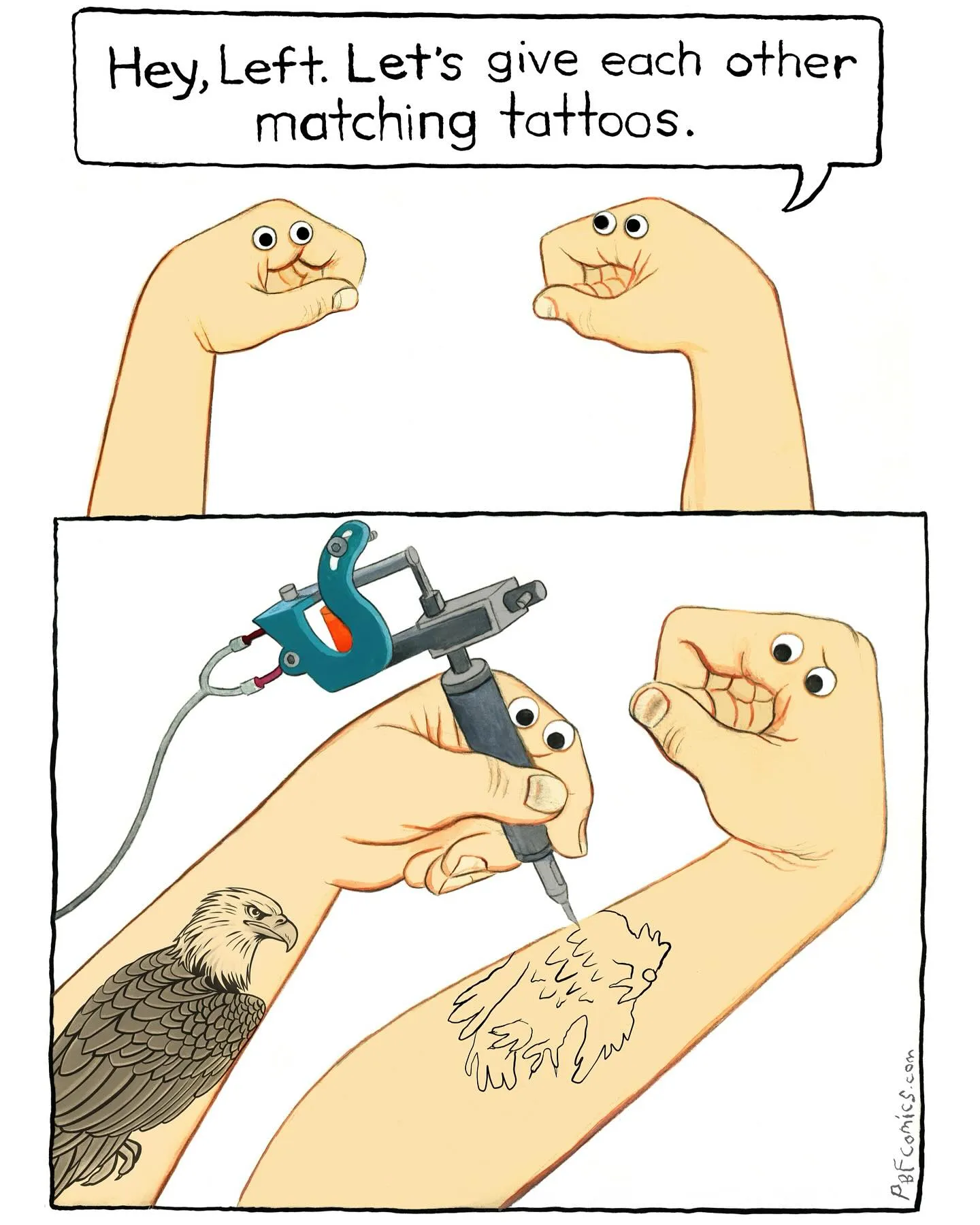Two hand-shaped characters discuss matching tattoos as one receives an eagle tattoo on its forearm.