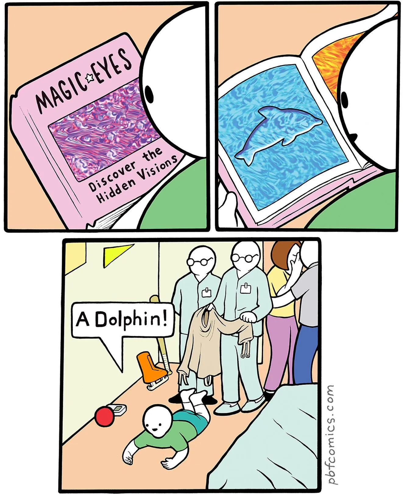 A character reads a Magic Eyes book, sees a dolphin hidden in an image, and a later scene shows an unexpected medical discovery.