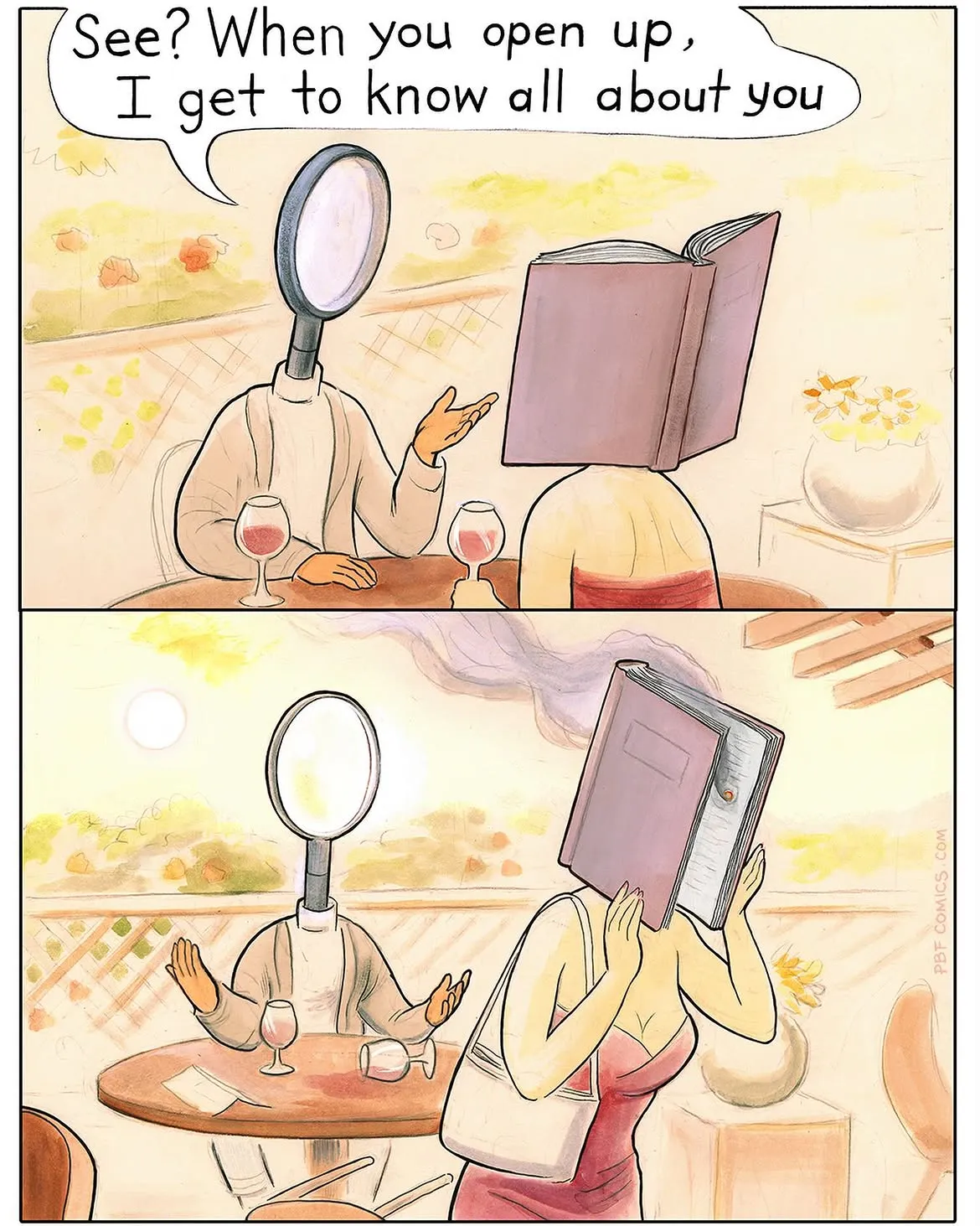 A magnifying-glass-headed diner tells a book-headed date that opening up reveals everything, prompting the book to cover its face.