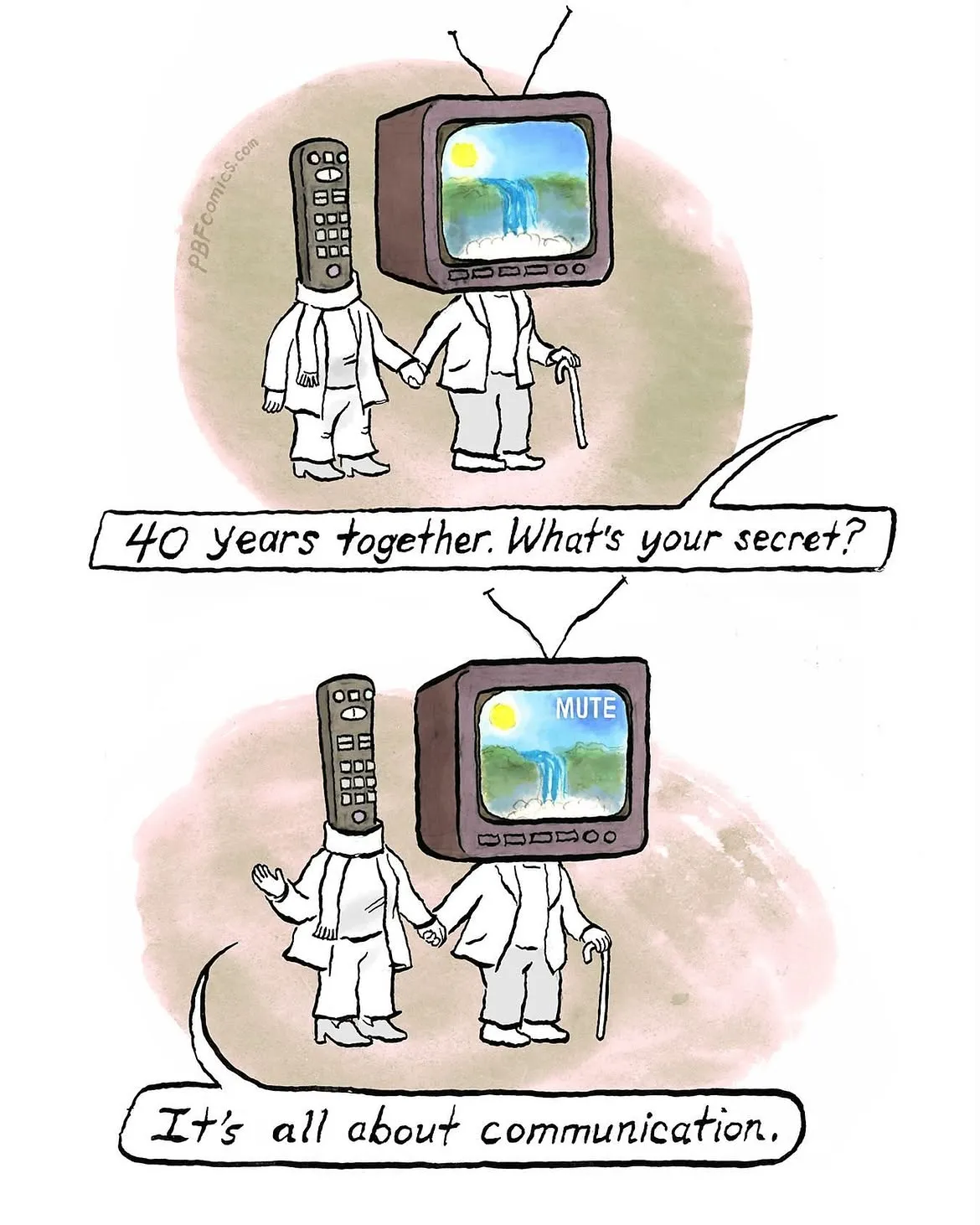 A television-headed partner and a remote-control-headed partner describe their long marriage, with the TV displaying the word MUTE.