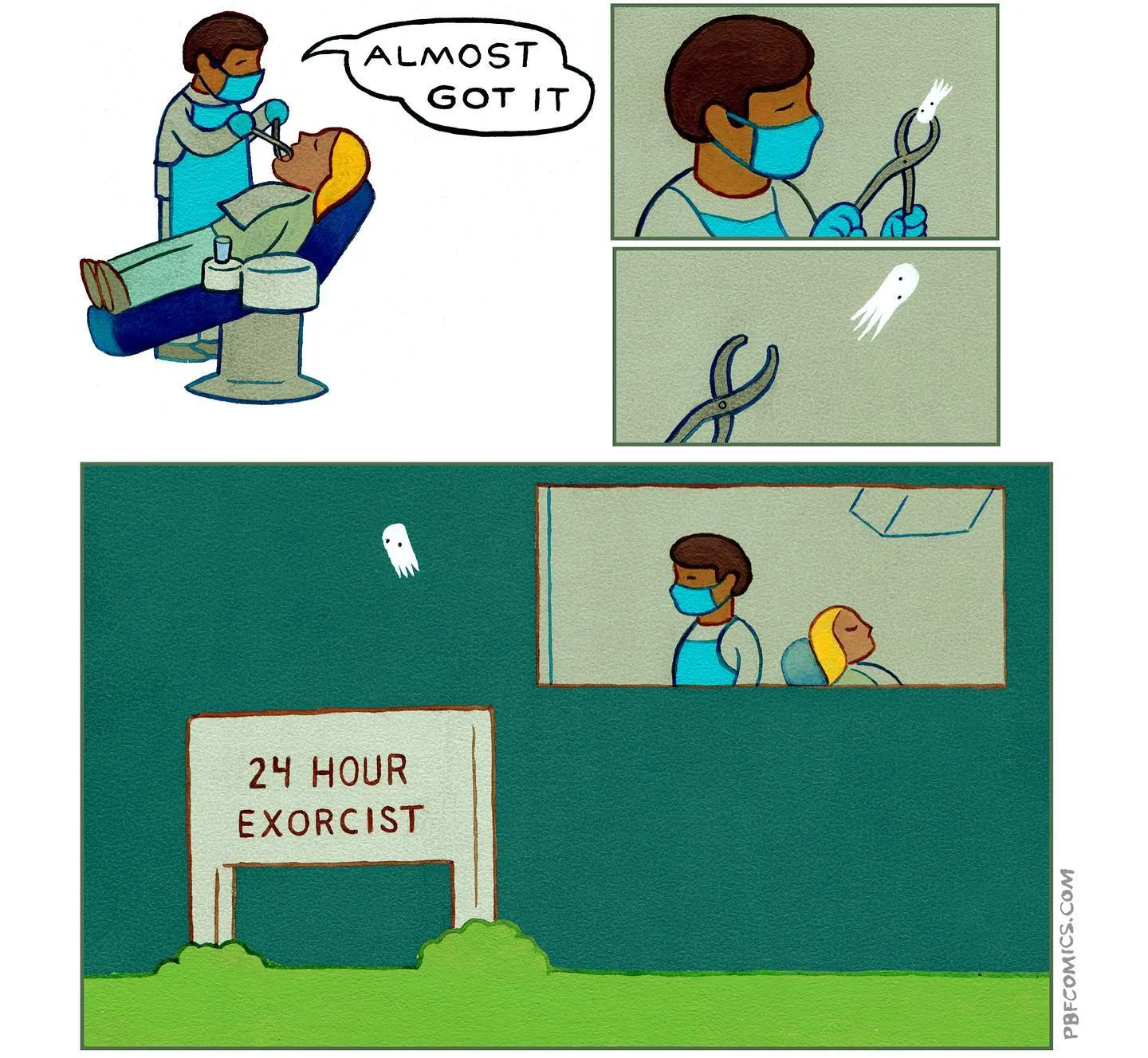 A masked dentist nearly catches a tiny tooth-shaped ghost, and the final panel reveals a building labeled 24 Hour Exorcist.