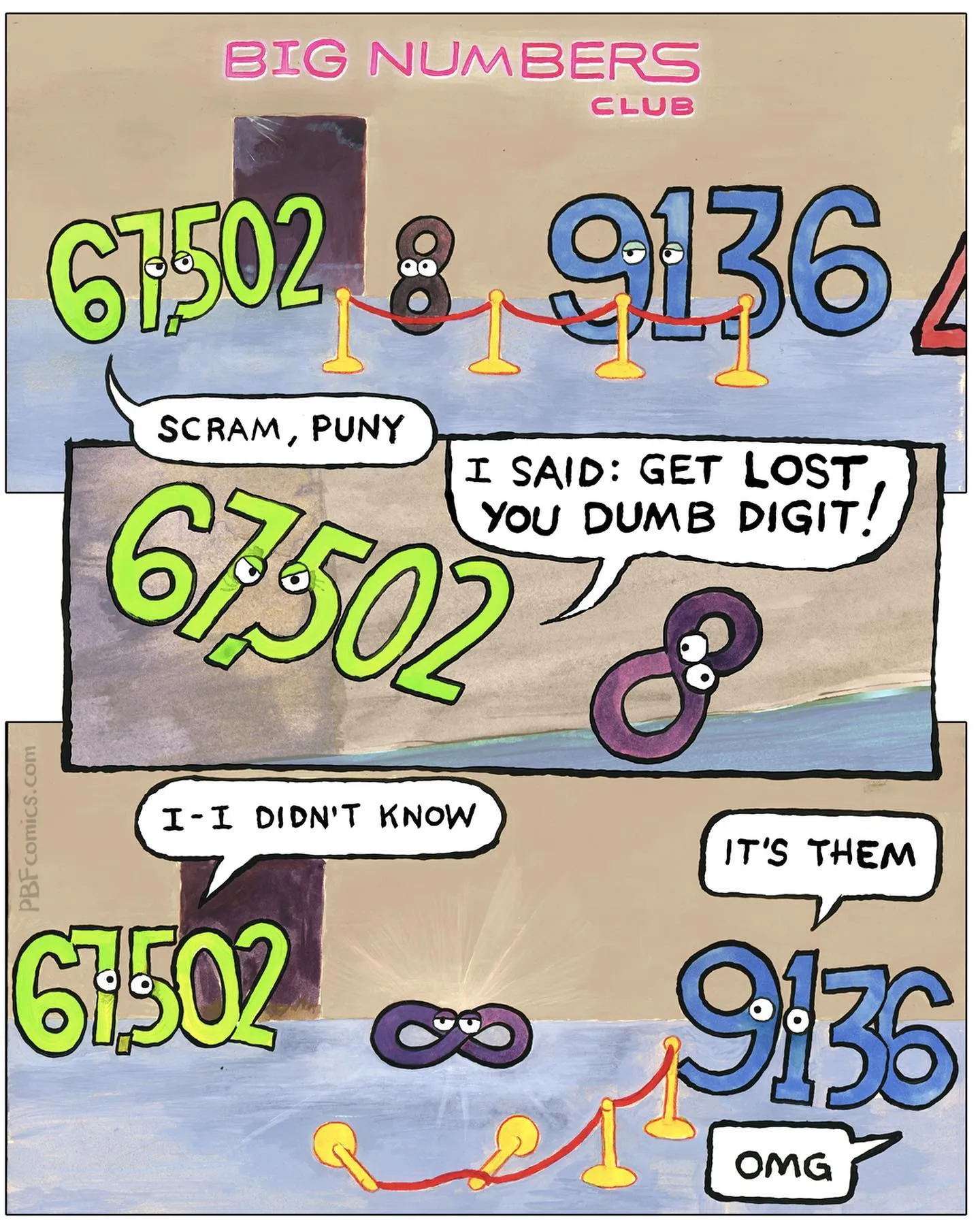 Animated numbers argue at the Big Numbers Club until the infinity symbol appears and changes the mood.