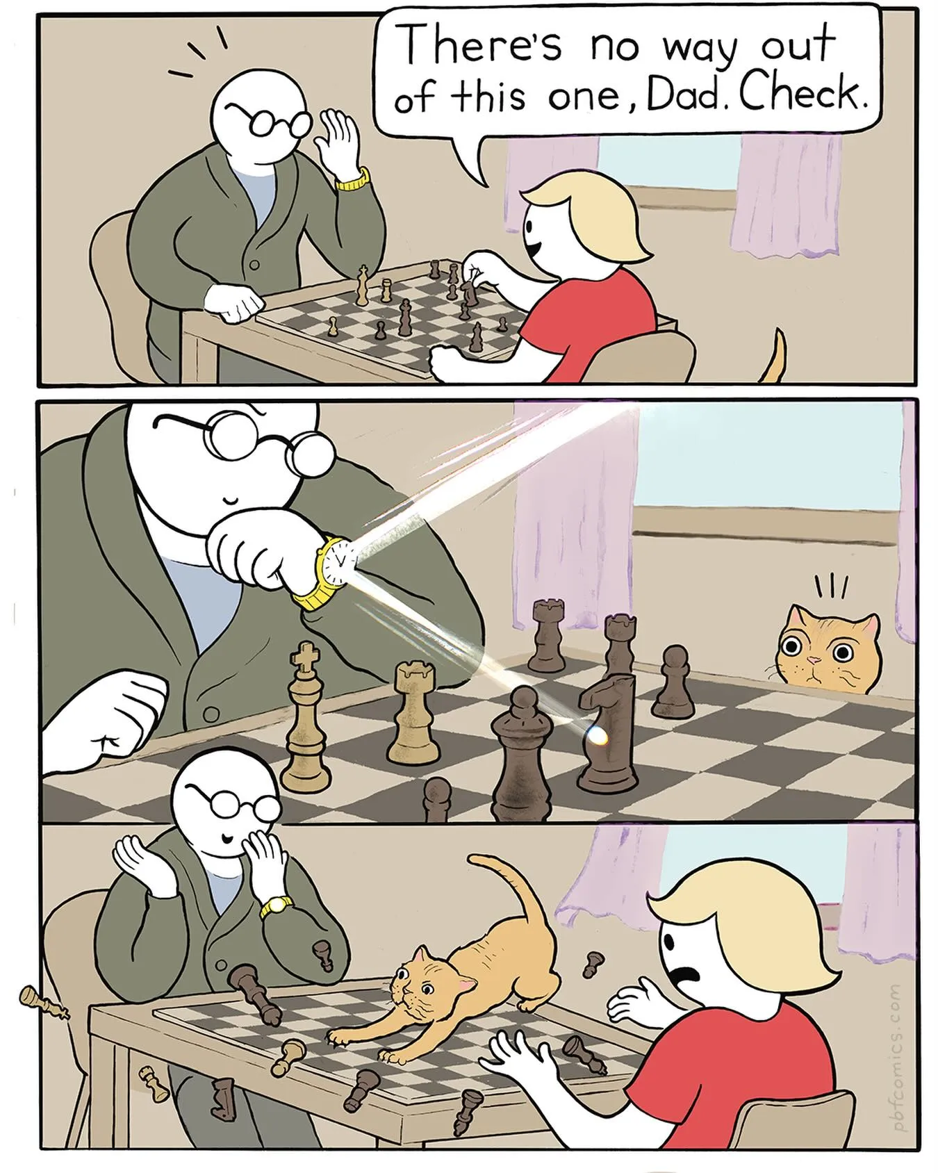 A child claims there is no escape from checkmate, but a cat leaps onto the chessboard and scatters the pieces.