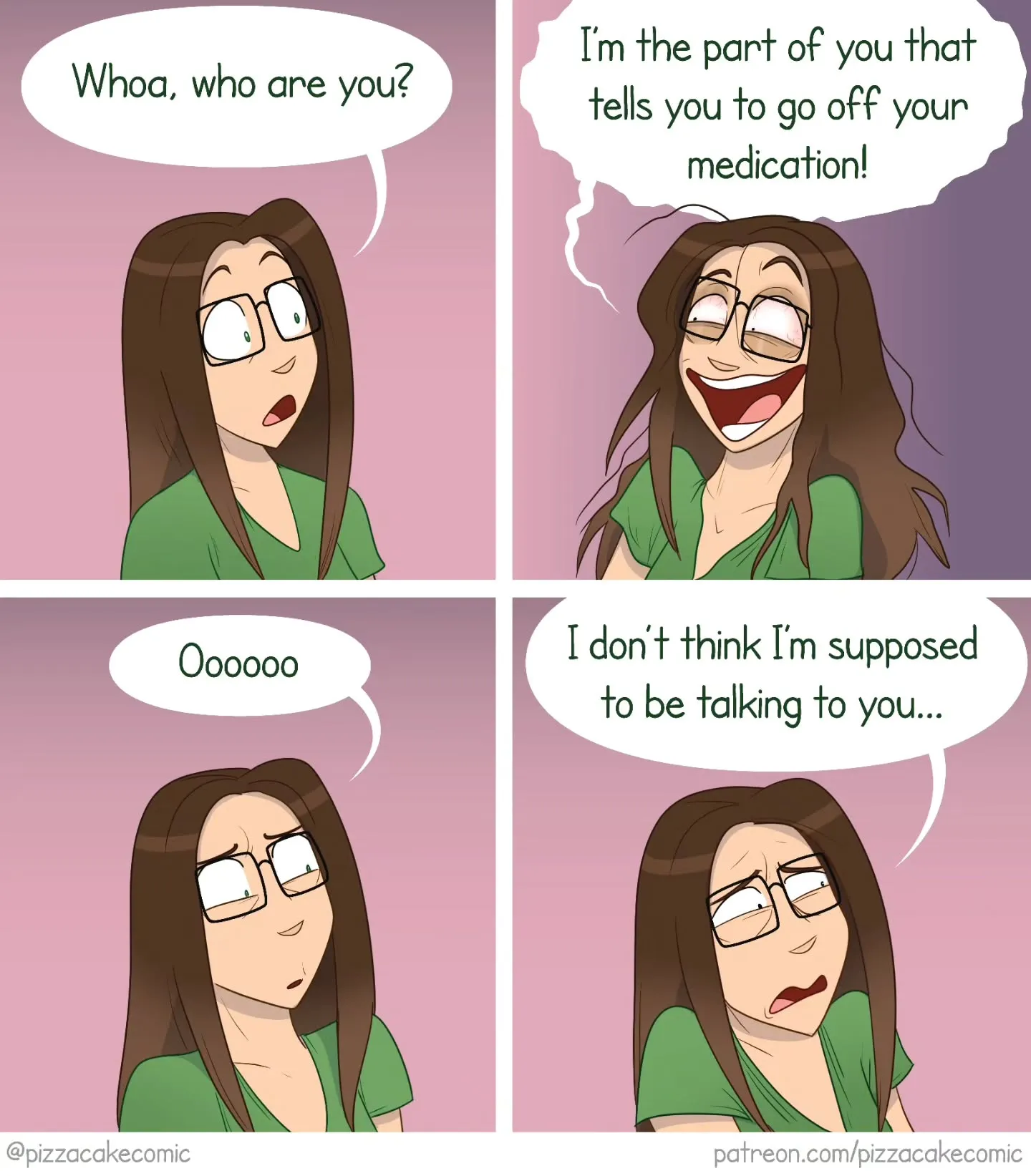 PizzaCake comic #1: a woman with glasses encounters an alarming inner voice.