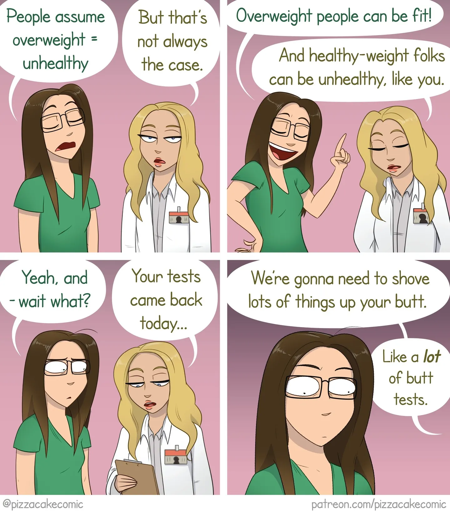 PizzaCake comic #4: a discussion of weight and health takes an unexpected turn during a medical appointment.