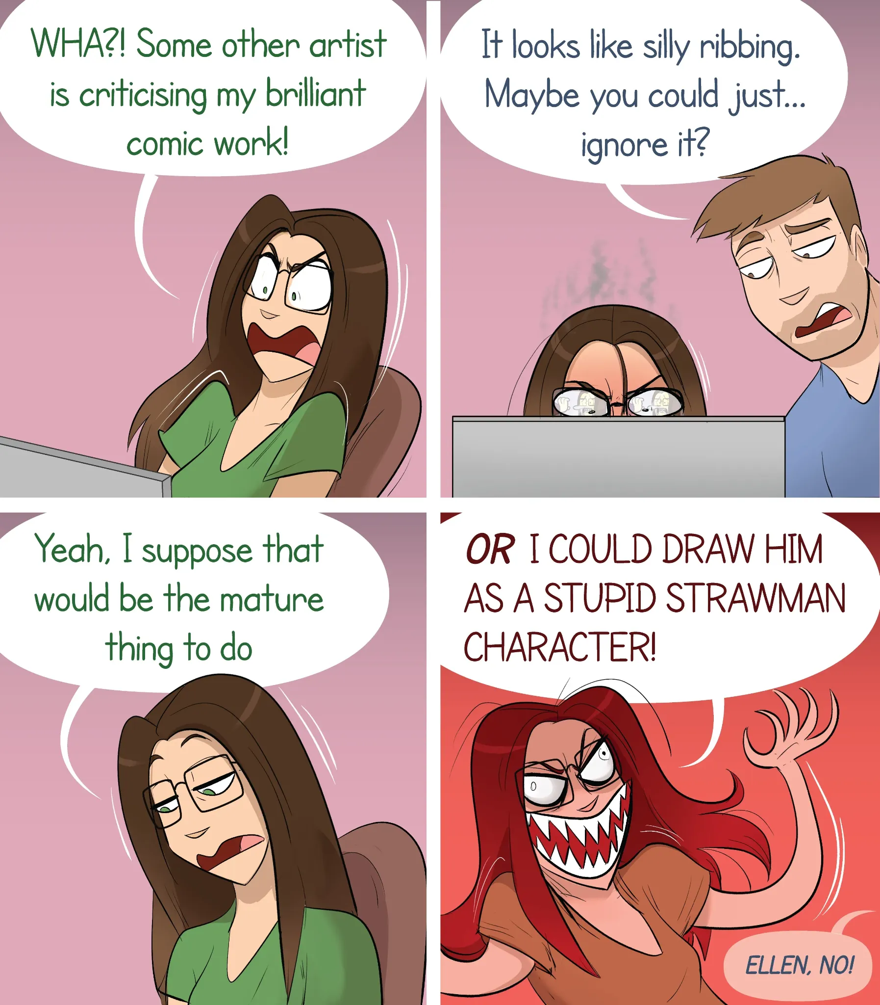 PizzaCake comic #5: an artist reacts to criticism by imagining the critic as a ridiculous strawman character.