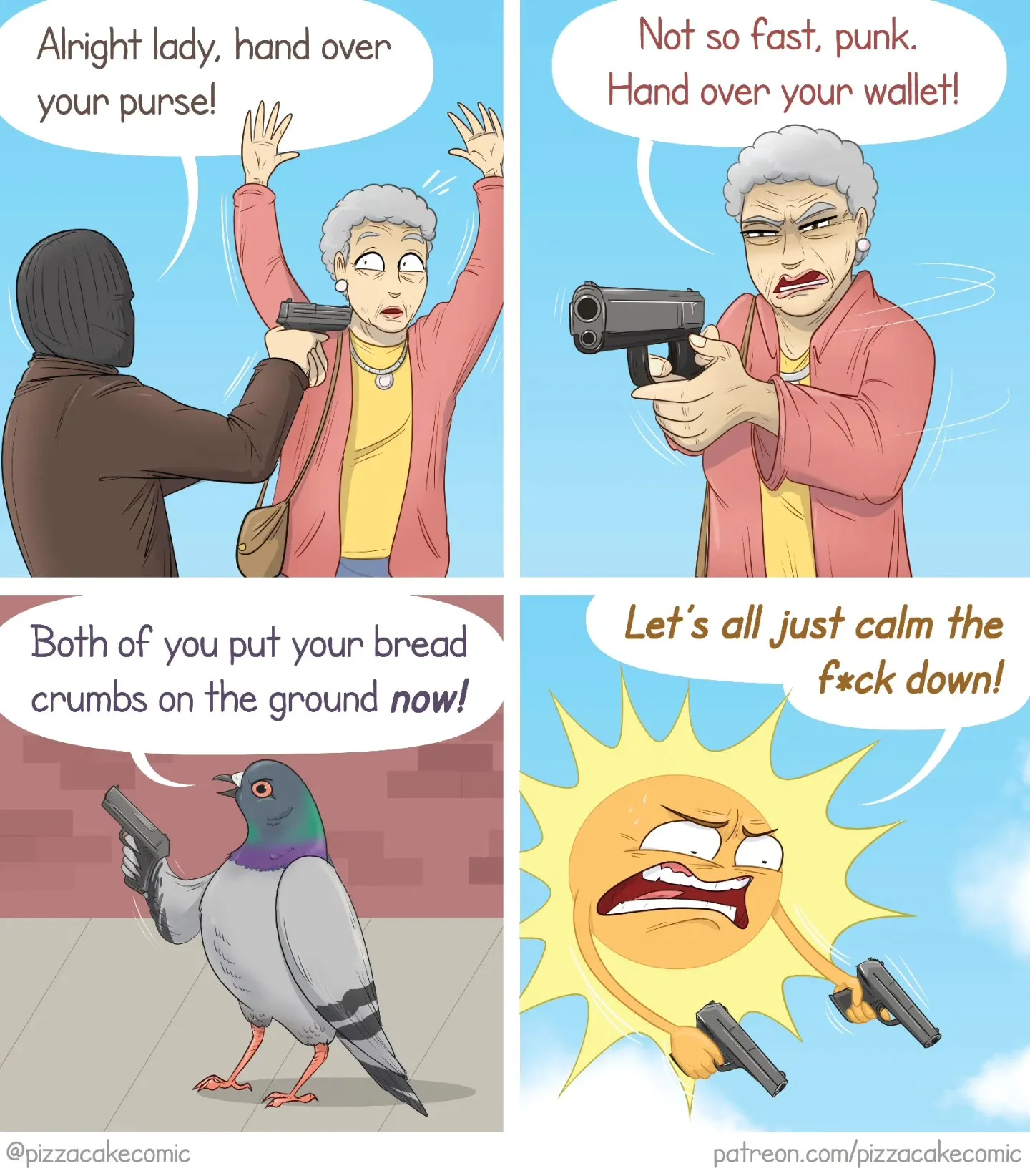PizzaCake comic #6: a pigeon and an angry sun interrupt a street robbery with absurd demands.