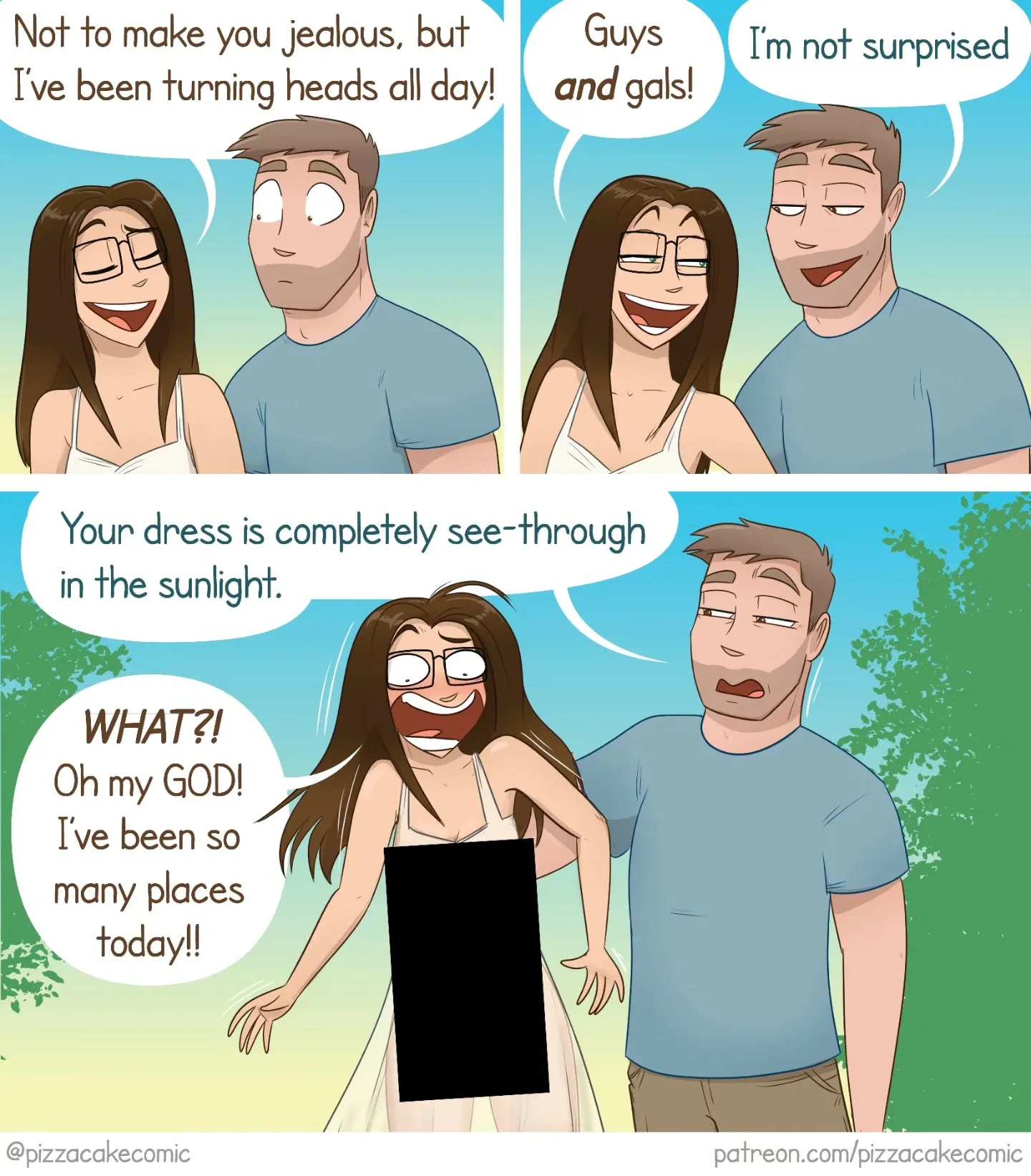 PizzaCake comic #7: a woman discovers in public that her dress becomes see-through in sunlight.