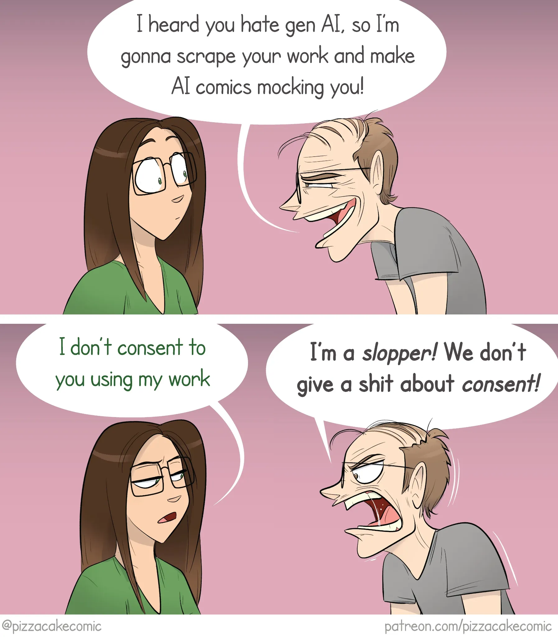 PizzaCake comic #8: an artist objects when someone proposes using her work for AI-generated comics without consent.
