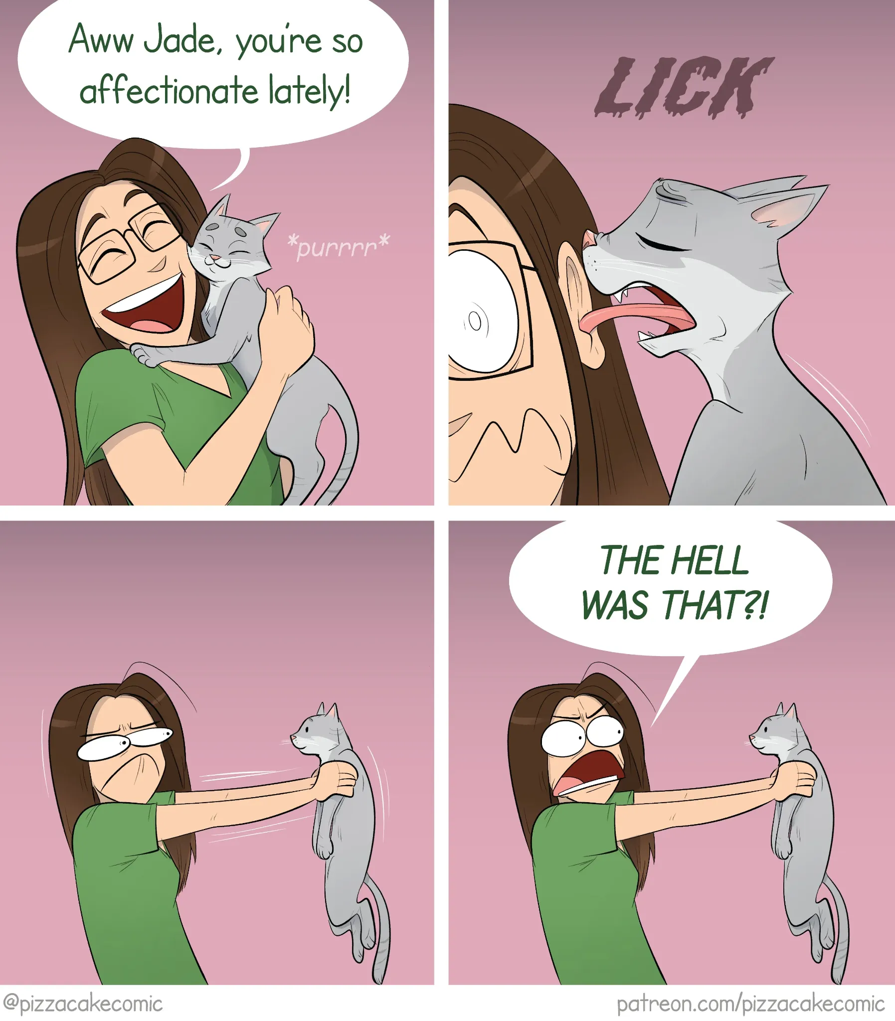 PizzaCake comic #9: a woman cuddles her gray cat, then recoils when it licks her ear.