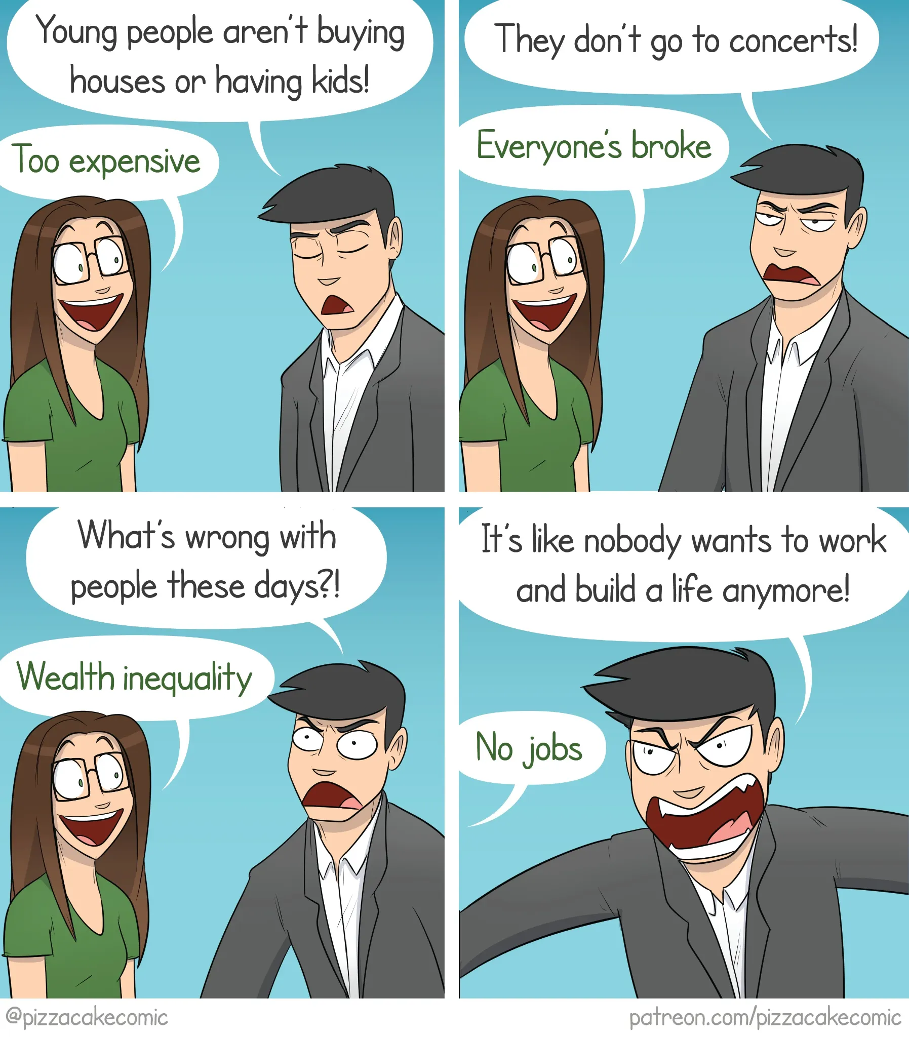PizzaCake comic #10: a generational rant about houses, children, and work meets replies about cost and inequality.