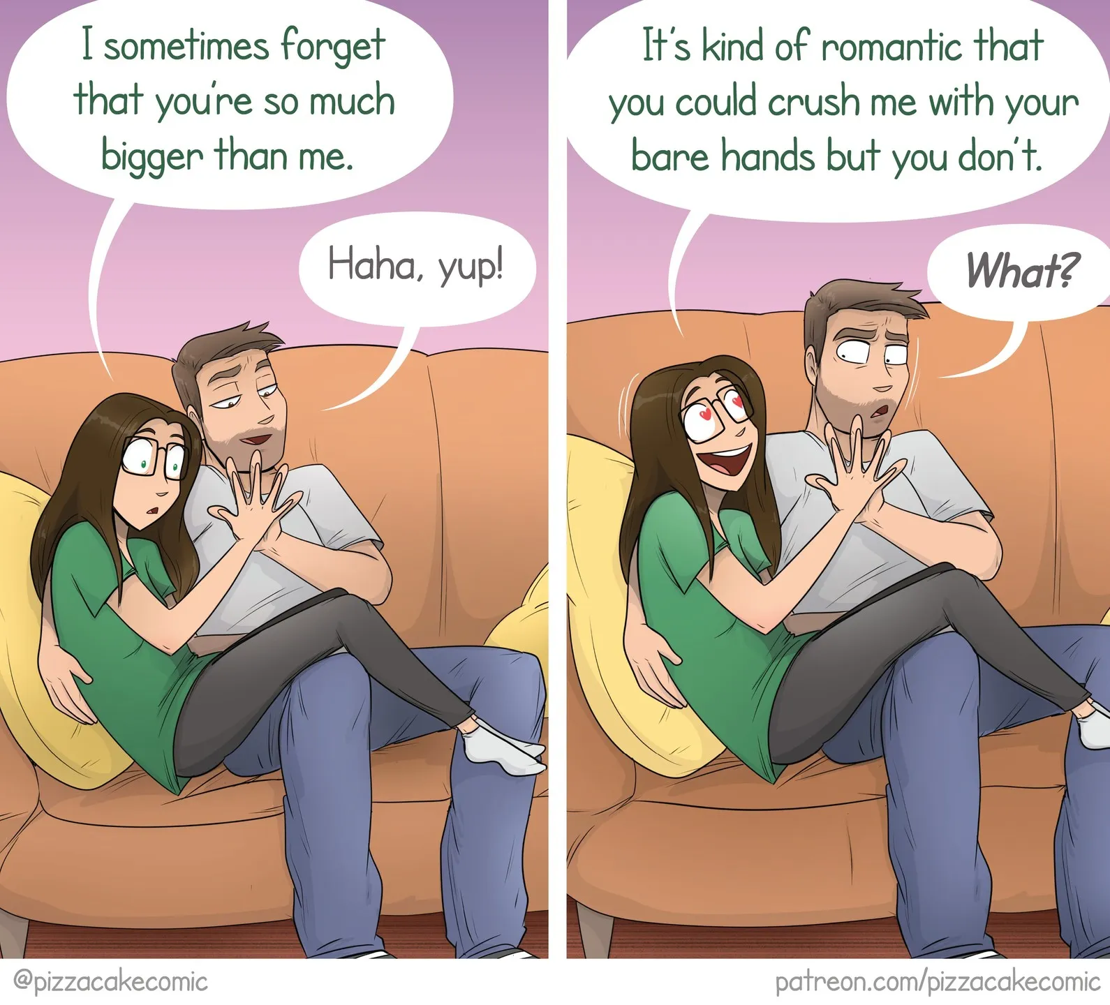 PizzaCake comic #11: a couple joke about their size difference turning into an oddly romantic thought.