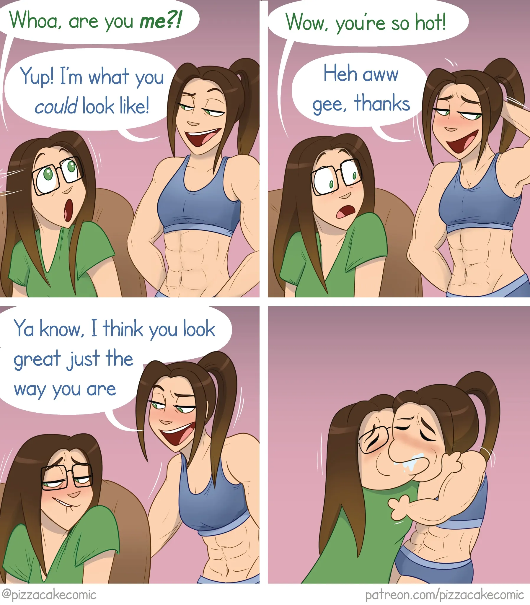 PizzaCake comic #12: a woman meets a muscular alternate version of herself who offers a surprising compliment.